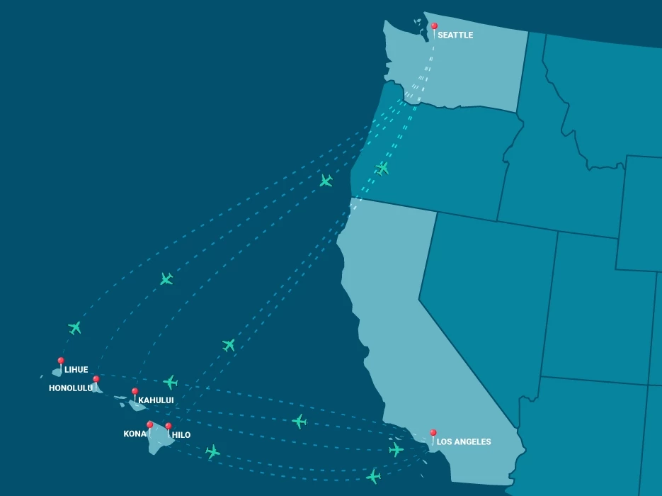 A map of the West Coast of the United States with routes leading to and from the Hawaii islands.